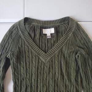 Y2K American Eagle Sweater Womens XS Green Cable Knit V Neck Bella Swan Fitted